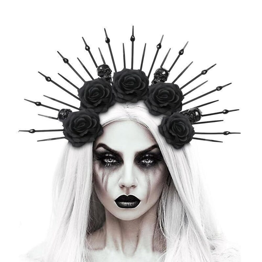 6755 Black Rose Skeleton Goddess Halo Crown Headband Gothic Flower Skull